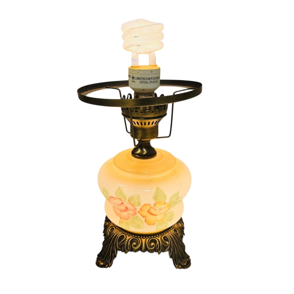 Vintage Style Hurricane Table Lamp Hand Painted Floral Milk Glass‎ Brass Base